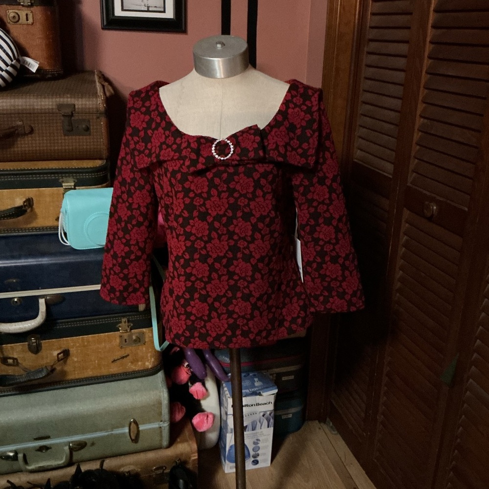 Unique Vintage Red and Black Floral Blouse